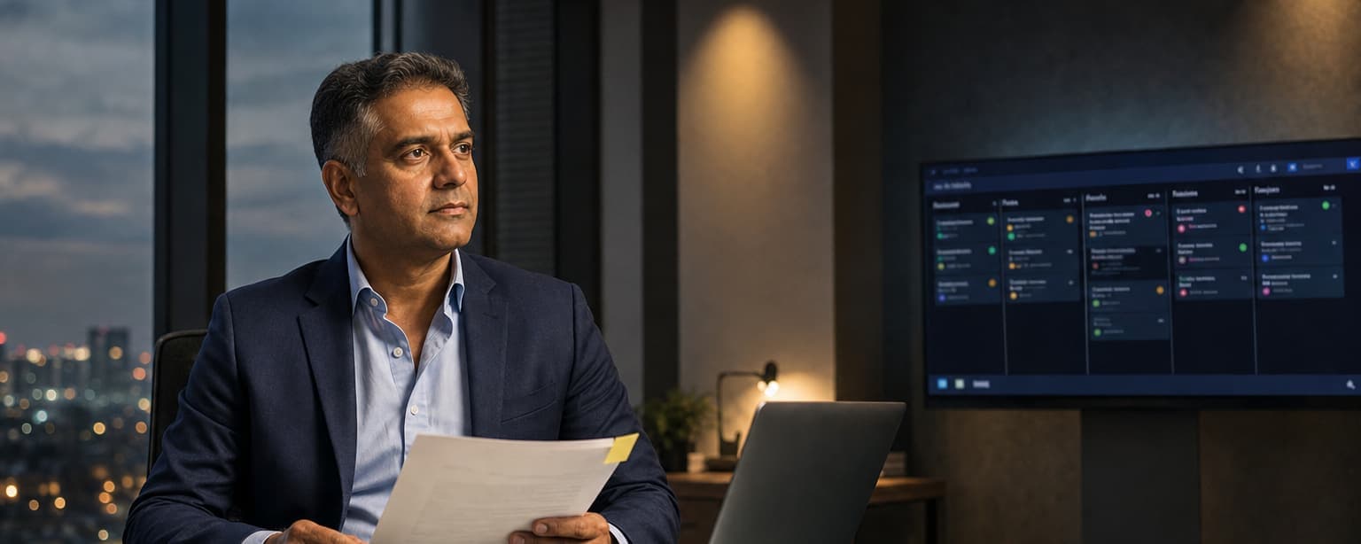 The founder of an IT staffing firm at a glass conference table at dusk, holding a client agreement with one page flagged, a laptop open beside him, a candidate pipeline board on the wall and the city lit through the window
