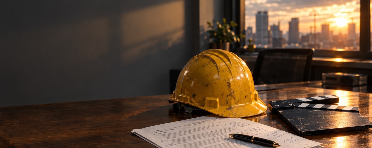 A hard hat, a film clapperboard and a marked-up contract on an office desk, the Los Angeles skyline at sunset through the window