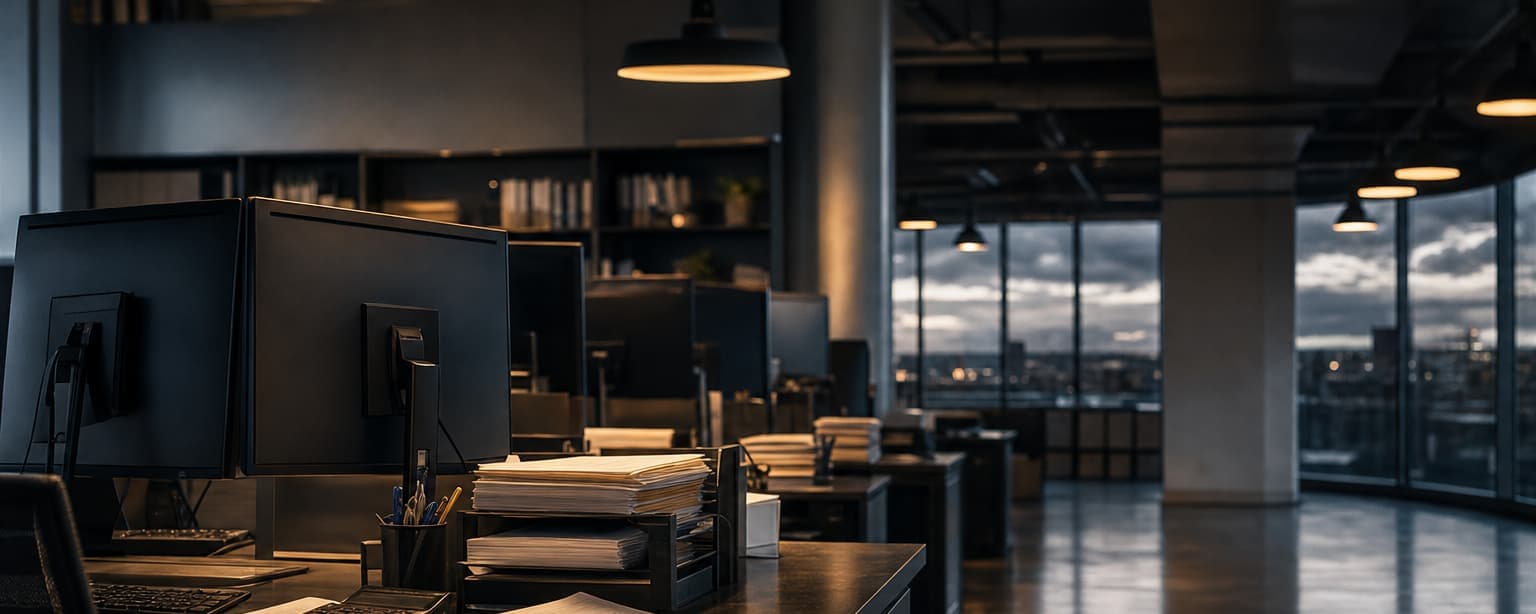 An accounting firm office late in filing season, desks with dual monitors and stacked client folders, a wall calendar with a deadline circled in red and the overhead lights still on