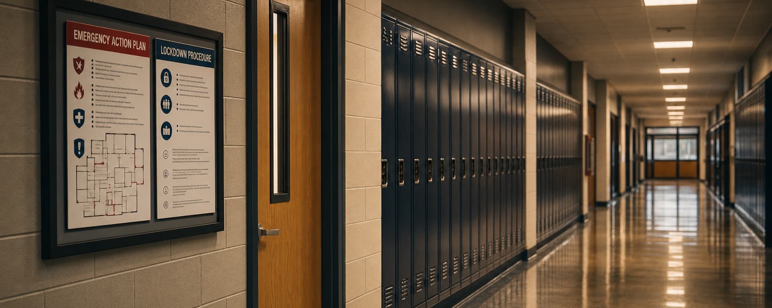A school corridor of blue lockers receding under overhead lights, with a framed emergency action plan and lockdown procedure mounted beside a classroom door
