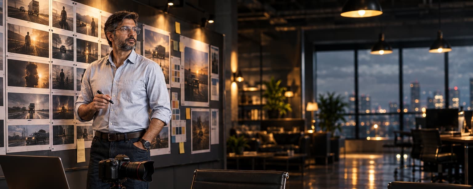 An advertising agency creative room in the evening, a man with a salt-and-pepper beard studying a wall of printed storyboard frames, a table in front of him with a laptop, a small camera on a tripod and a printed contract