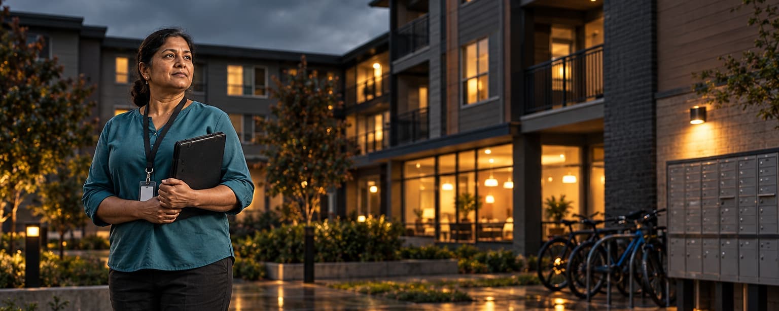 A resident services coordinator in a teal blouse and lanyard standing in the courtyard of a three-story affordable apartment building at dusk, a community room glowing behind her and a row of mailboxes and bikes along the wall