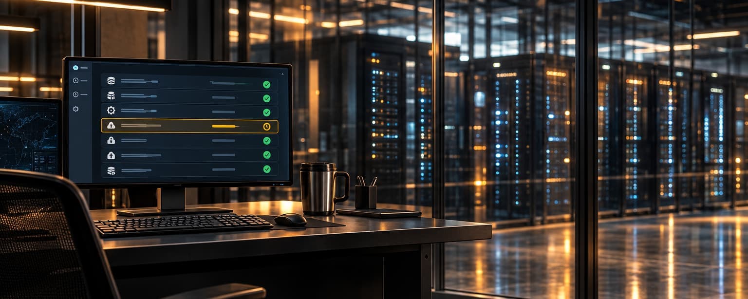An operator’s desk inside a glass-walled server room, a monitor showing a list of automated tasks with green checks and one amber warning, racks of blinking equipment behind the glass
