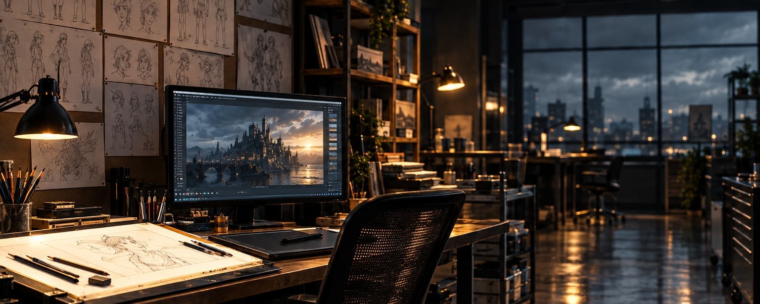 An animation studio at dusk, hand-drawn character sheets pinned to the wall, a pencil sketch on a light table in front of a monitor showing a generated city at sunset, an empty chair and the skyline through the window