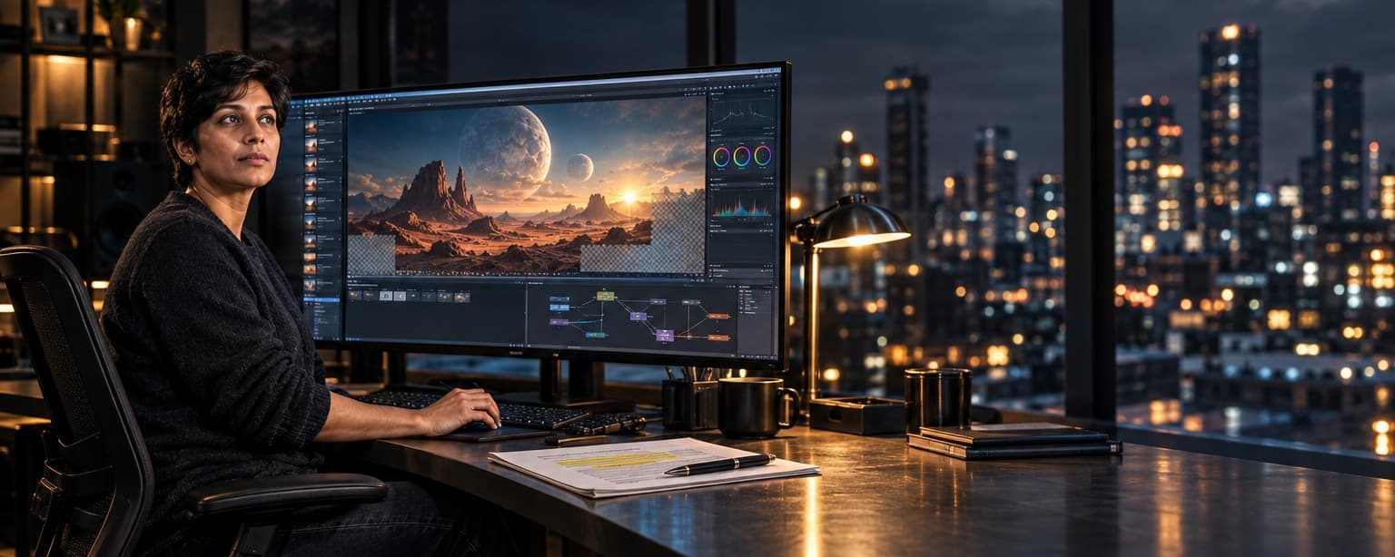 A compositor at a post-production workstation at night, a generated desert landscape under two moons half rendered on her monitor, a contract with one paragraph highlighted beside the keyboard, city lights through the window