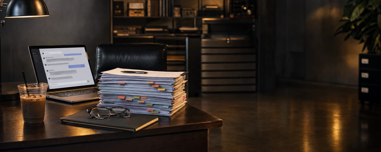 A desk lamp over a laptop showing a short form, a thick tabbed stack of paper beside it and reading glasses, in a dark office after hours