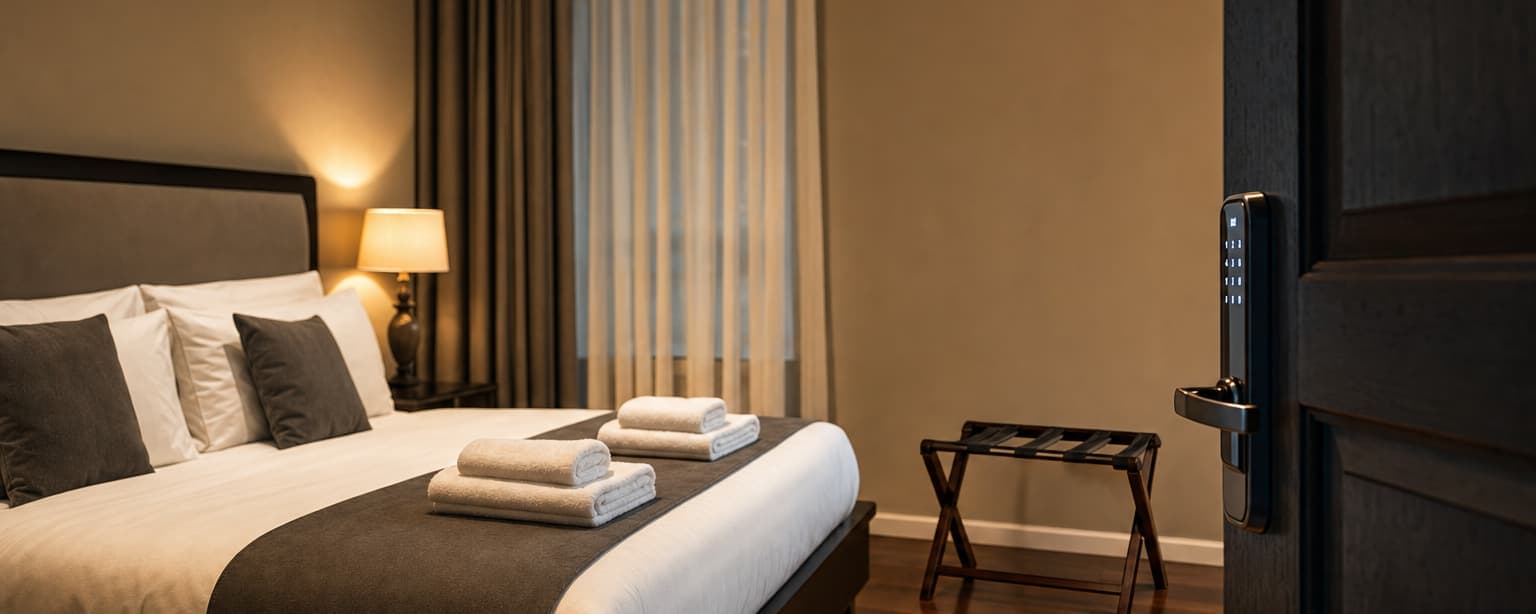 A short-term rental bedroom made up between guests, fresh linens pulled tight and towels folded at the foot of the bed, a smart lock on the door and a luggage stand ready