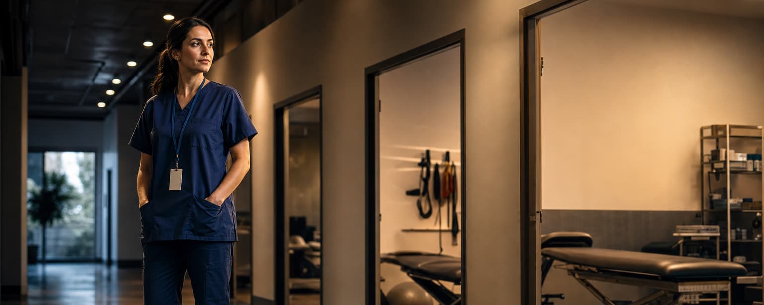 An allied health therapist in scrubs and a badge lanyard standing in a clinic corridor after the last appointment, treatment room doors open along one side showing mat tables and equipment