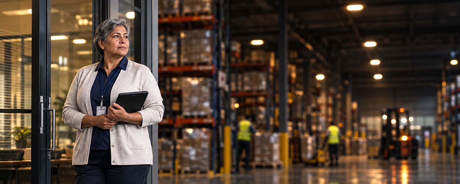 A staffing agency branch manager with short gray hair and a lanyard badge in a warehouse office doorway holding a tablet, racking and workers in hi-vis vests behind her