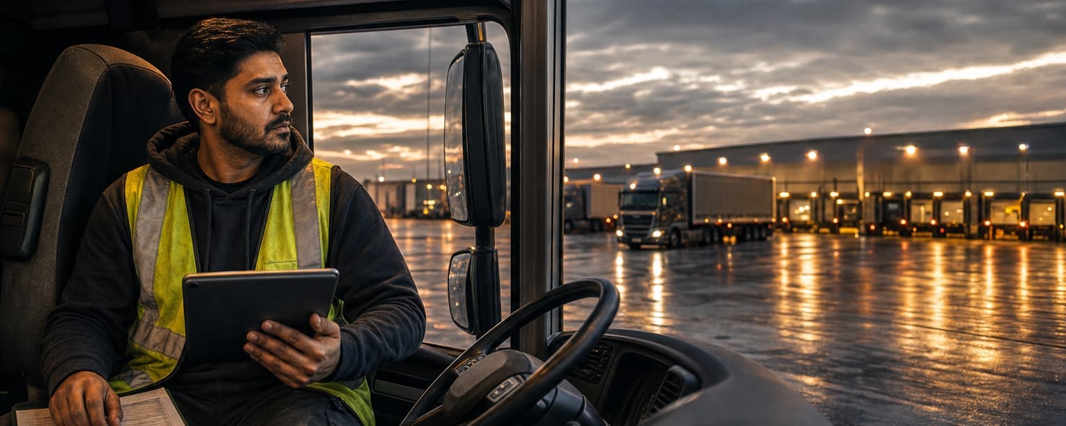 A driver in a hi-vis vest in a truck cab holding a tablet showing a load board, a printed requirement sheet on his knee, a lit distribution yard beyond the windshield
