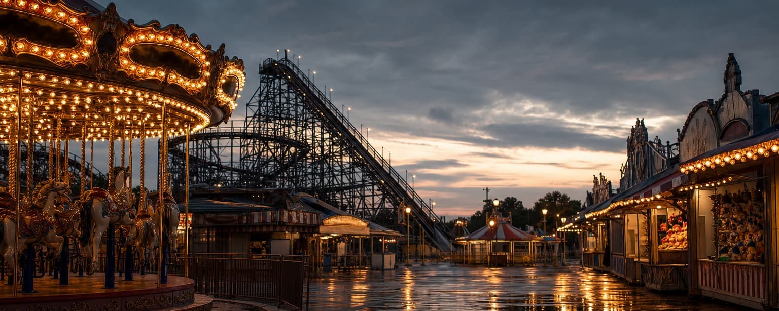 An amusement park midway at dusk, a roller coaster lift hill against the sky and a lit carousel at the end of the row, wet asphalt reflecting the bulbs