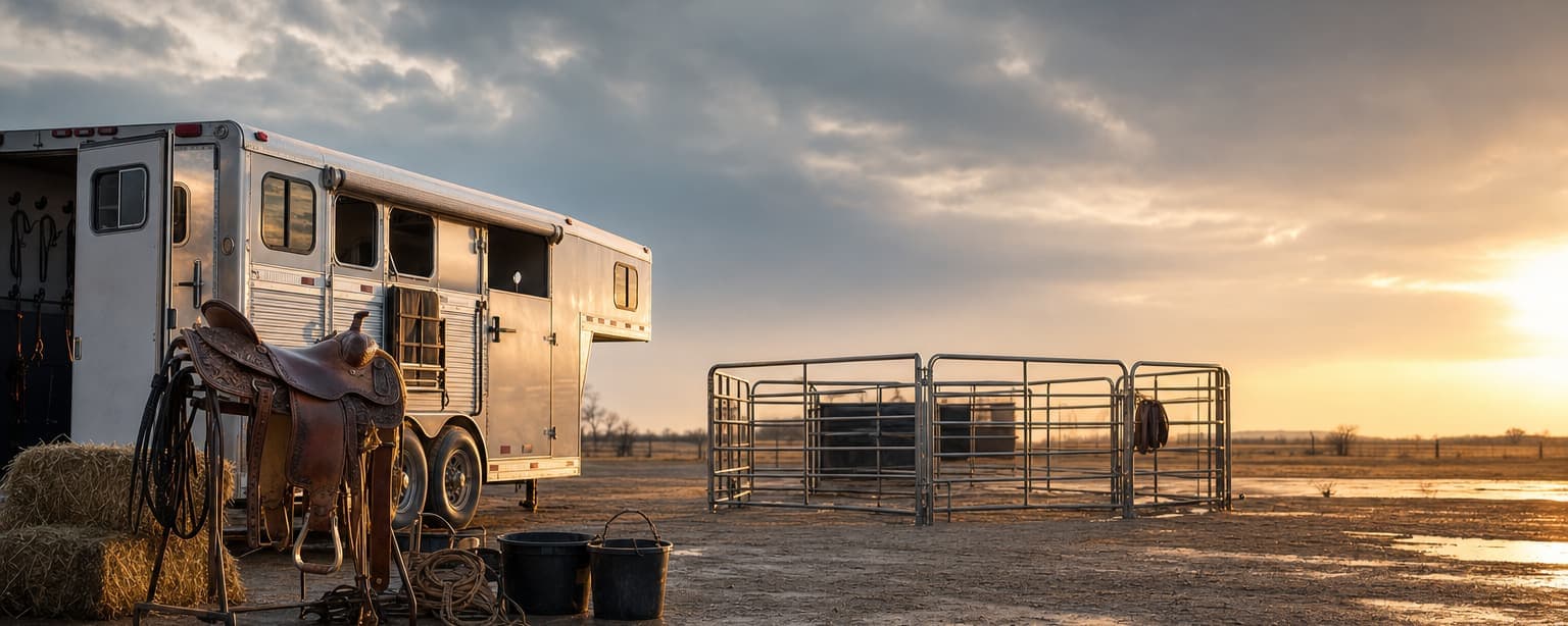 A horse trailer with a western saddle on the rail beside a hay bale, portable corral panels set up on open ground under a heavy evening sky