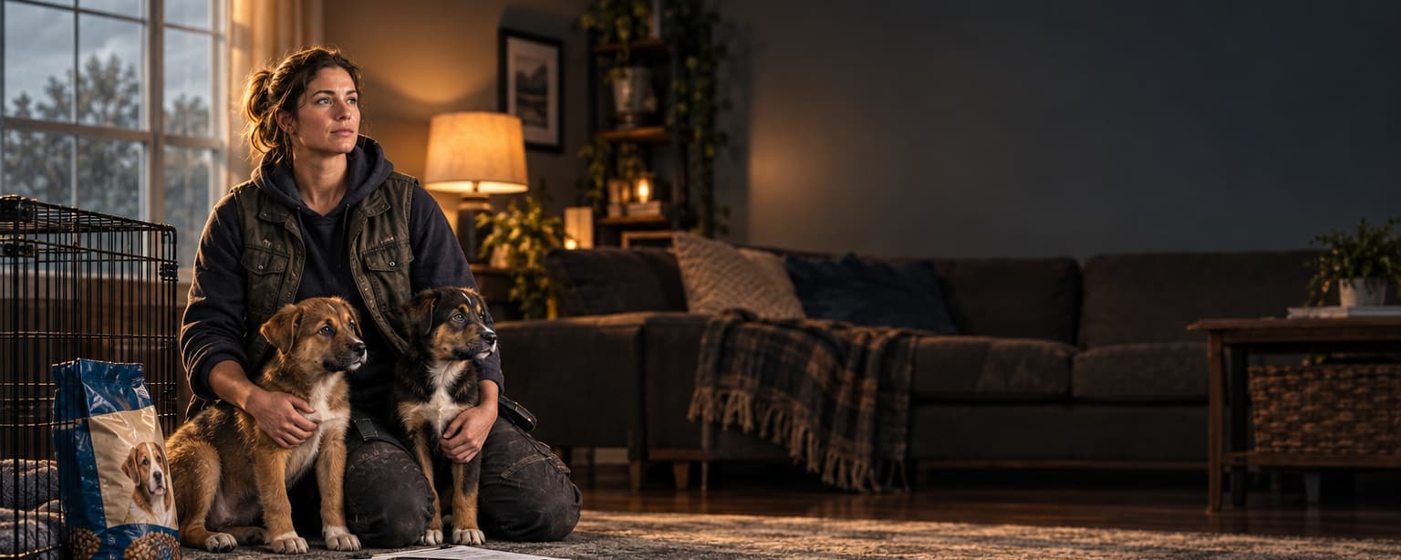 A volunteer sitting on her living room rug with two foster puppies, a wire crate and a bag of dog food beside her and a clipboard of paperwork on the floor
