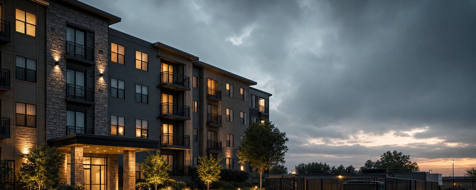 A mid-rise apartment building at dusk, warm windows scattered across the facade, a lit entry canopy and a tenant parking lot with a fenced dumpster enclosure