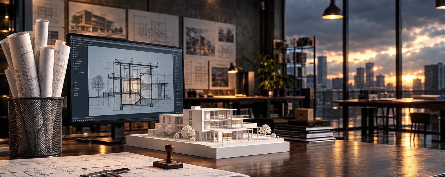 A design studio with rolled drawings in a bin, a large monitor showing a building section, a white scale model on the desk, calipers and a rubber stamp