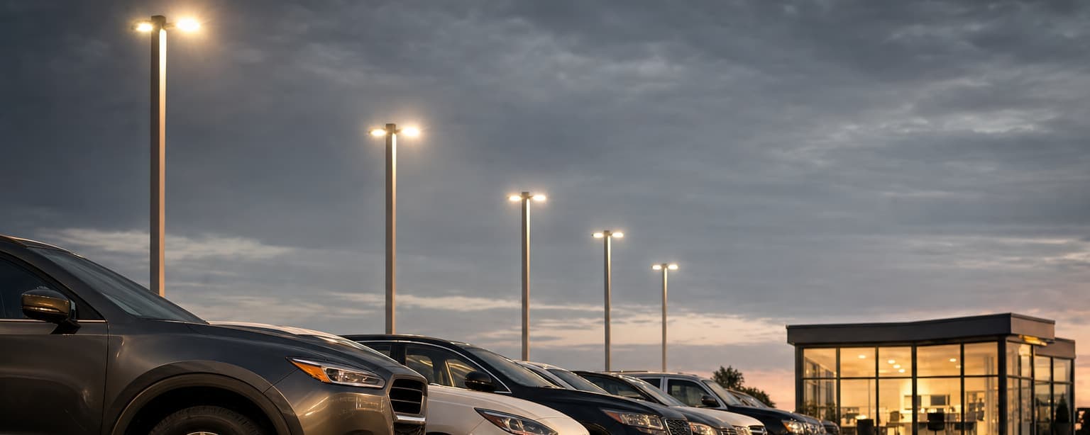 A used car dealership lot at dusk, rows of cars under tall pole lights with a small lit glass showroom office at the end of the row and wet asphalt throwing reflections