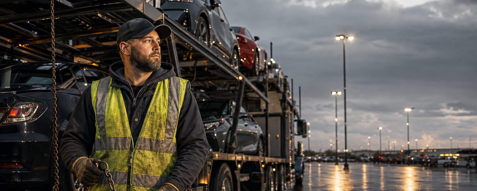 A car hauler in a hi-vis vest holding a tie-down chain and ratchet binder beside a loaded two-deck auto transport trailer at dusk
