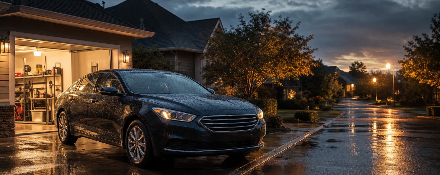 A dark sedan parked on a driveway in front of a lit open garage, a suburban street receding into dusk behind it