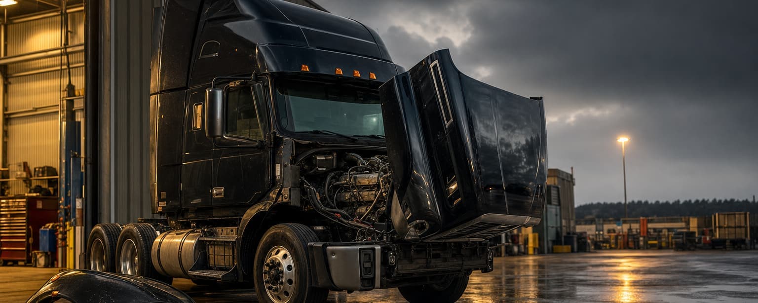 A heavy truck with its hood tilted forward in a lit repair bay, the yard and a wet lot visible beyond the doors