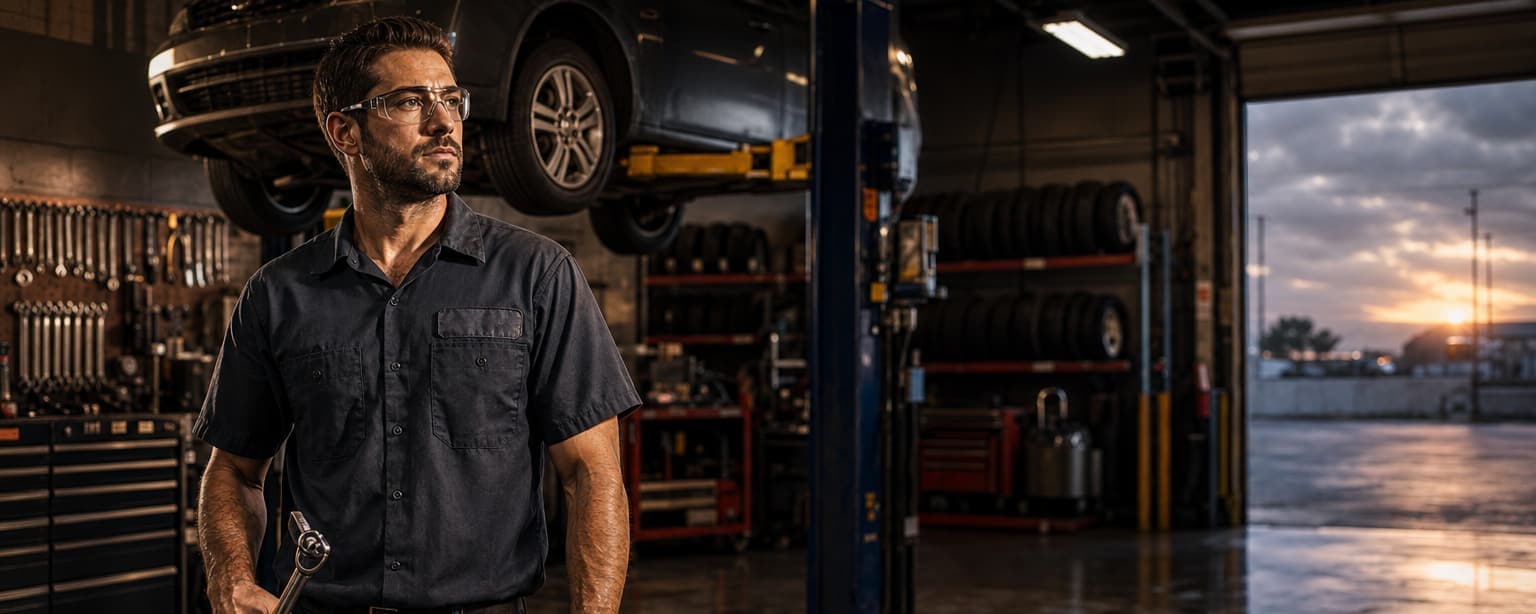 A mechanic in a dark work shirt and safety glasses holding a torque wrench and shop rag under a sedan raised on a two-post lift, tool chests and a tire rack behind him, sunset through the open bay door