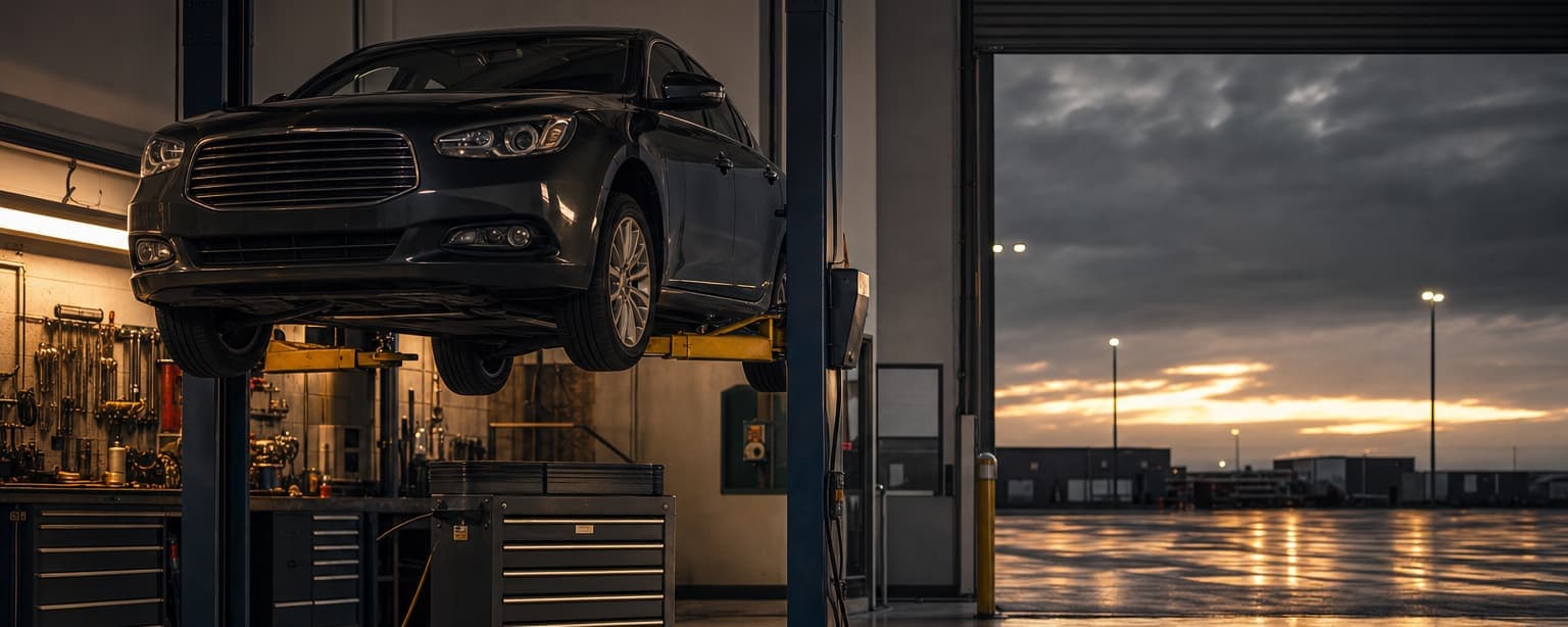 An auto repair bay at dusk with a car raised on a two-post lift, a tool chest and air hose beneath it and the roller door open to a wet lot