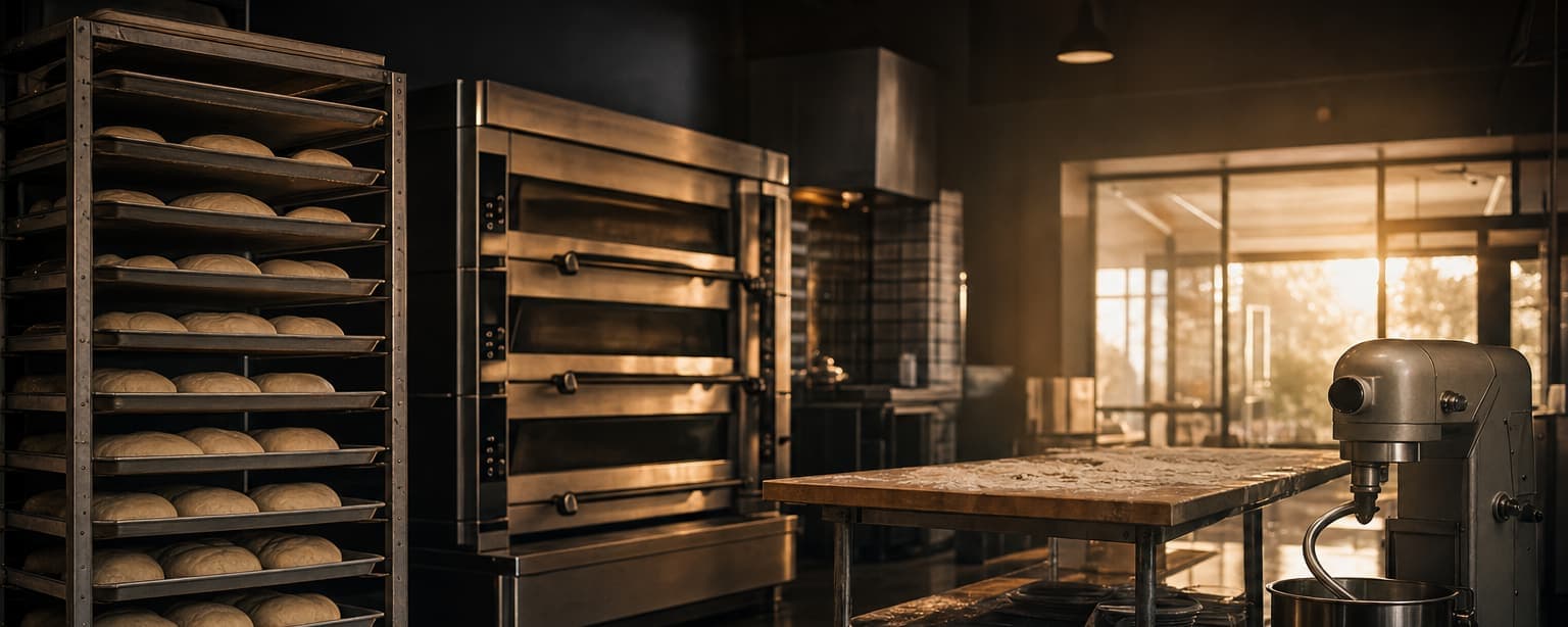 A bakery before dawn, sheet pans of proofing dough on speed racks beside a deck oven, a flour-dusted bench and a floor mixer with the dough hook still in it