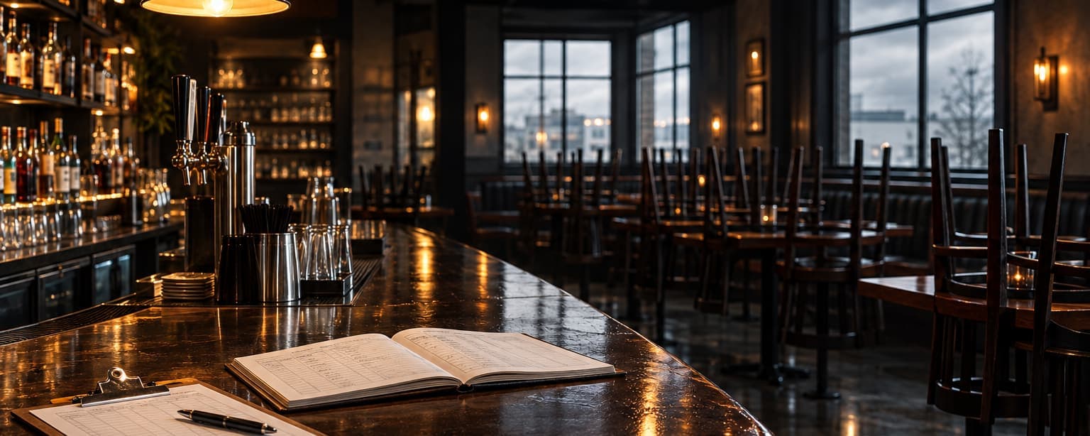 An empty bar the morning after service, chairs still down on the tables and one lamp lit over the counter, a clipboard and an open incident log on the bar top