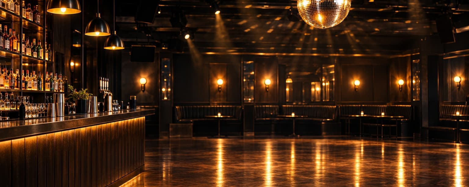 An empty polished dance floor in a bar before opening, a mirror ball and warm wall lights above, the bar counter running along one edge
