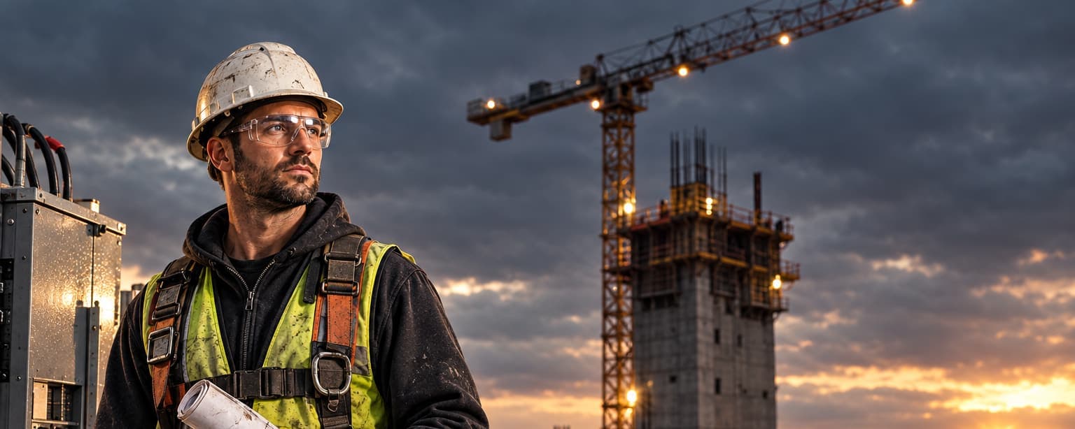 An electrician subcontractor in a hard hat and harness at dusk beside an electrical panel on a commercial job site, holding rolled drawings, a tower crane and concrete core behind