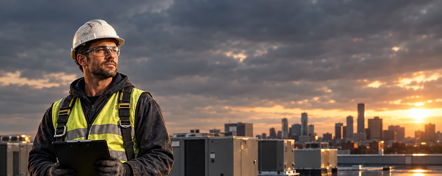 A roofing contractor with a clipboard on a finished commercial flat roof at golden hour, new HVAC units and fresh membrane around him