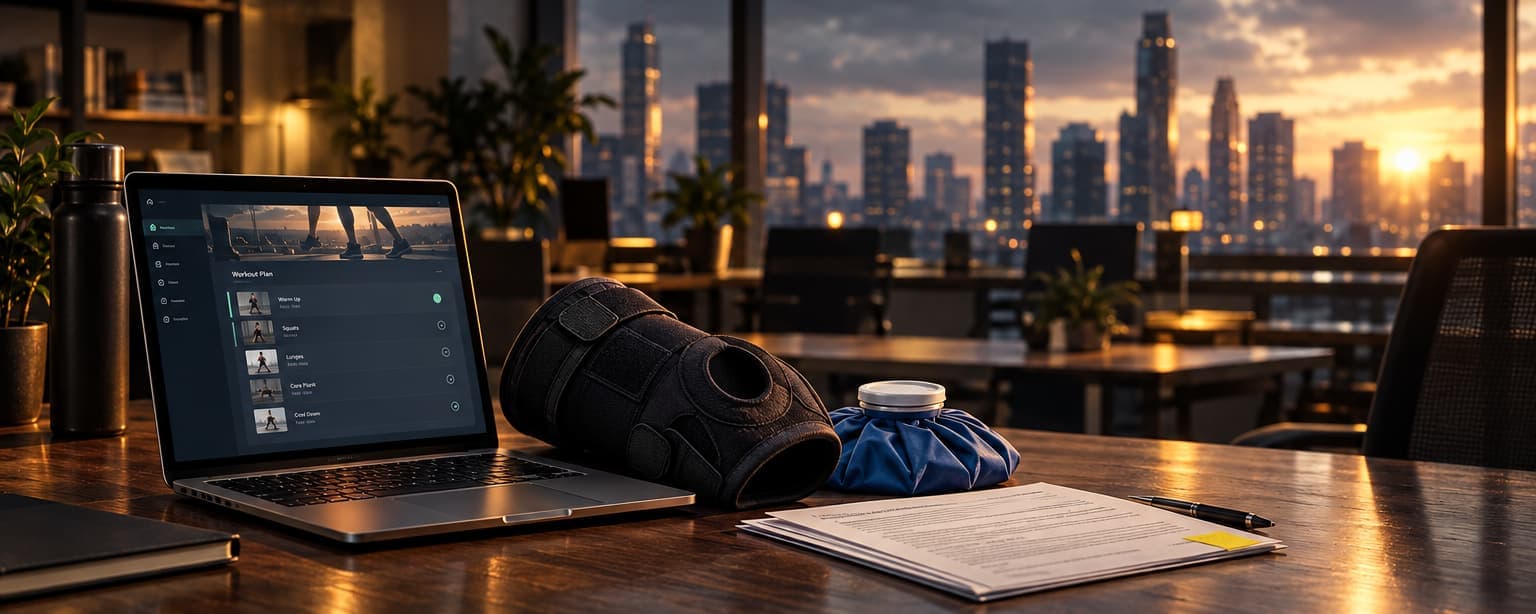 A startup desk at dusk with an open laptop showing a fitness app workout plan, a knee brace and an ice pack beside it and a printed insurance policy with one page flagged, a city skyline through the window