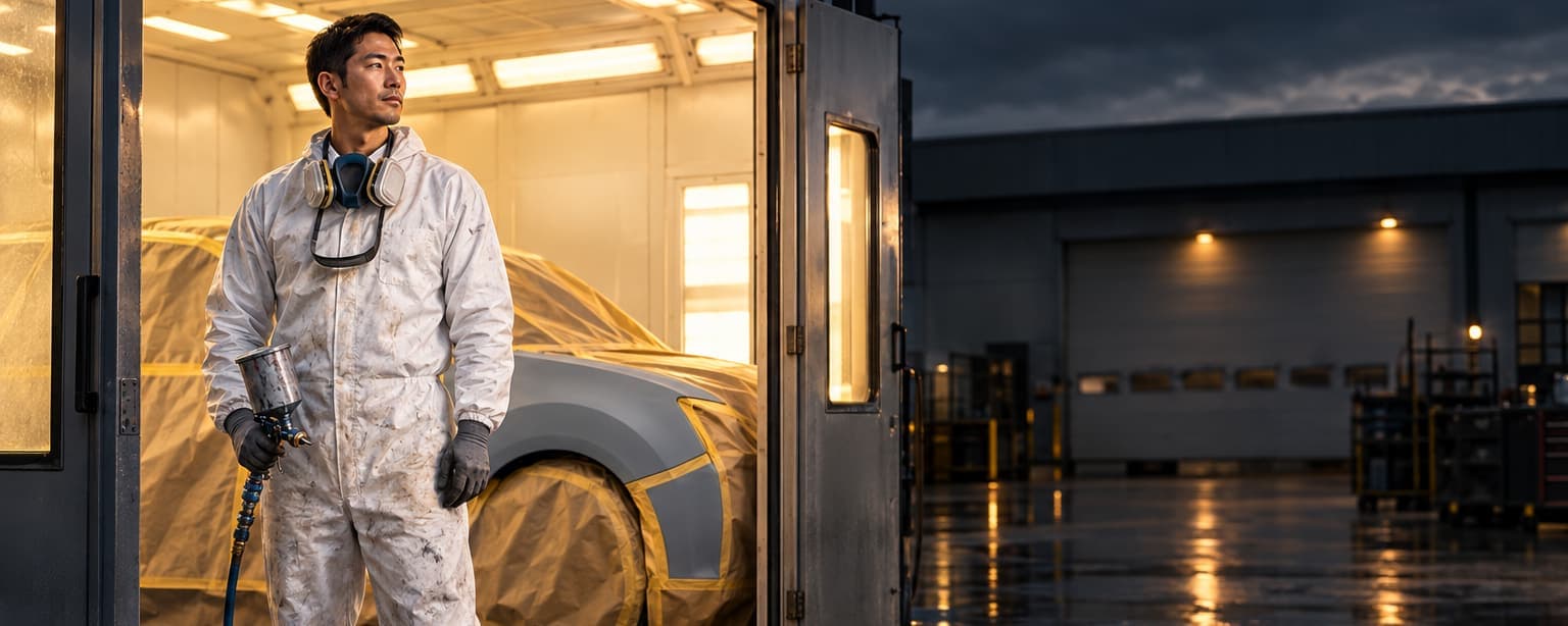 A collision repair technician in a white paint suit with a respirator at his neck standing at the open door of a lit downdraft paint booth, a car with masked bodywork and gray primer on the fender inside