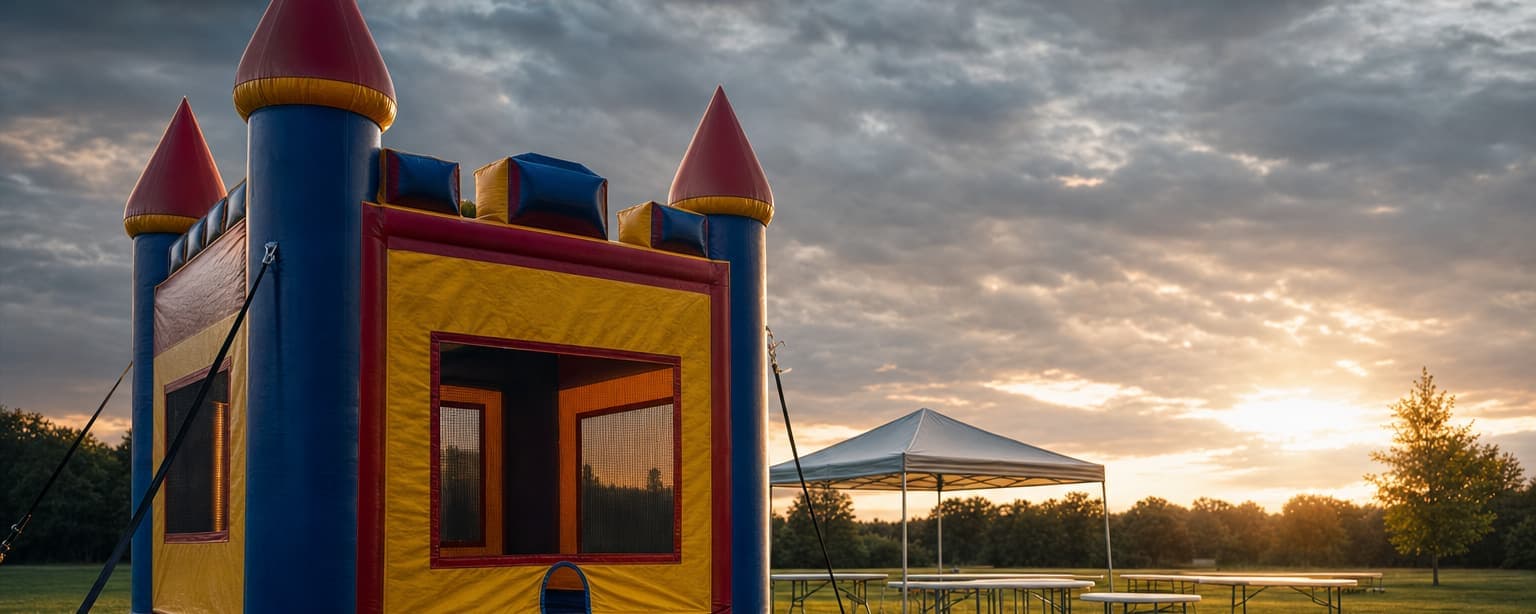An inflatable bounce castle staked out on park grass with its blower running and tie-down straps pegged into the turf, folding tables and a canopy set up beyond at golden hour