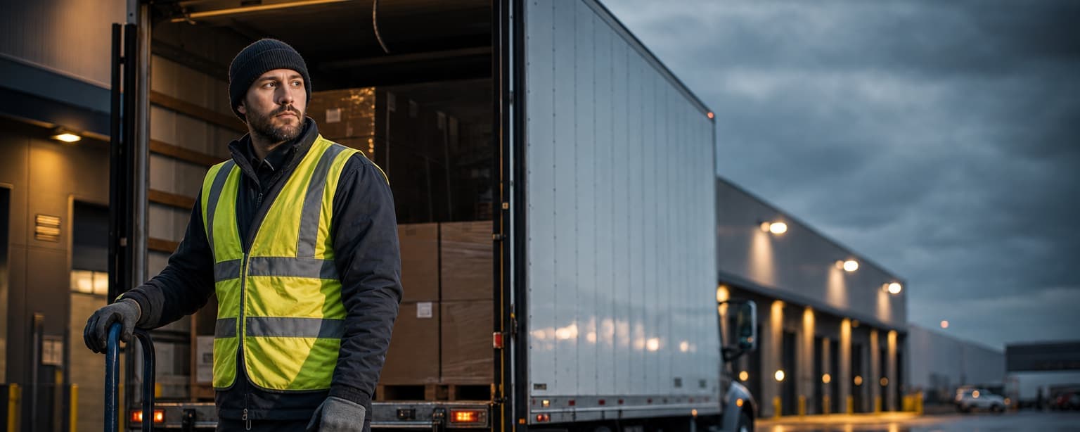 A driver in a hi-vis vest with a hand truck beside a straight box truck at a loading dock at dusk, its roll-up door open and liftgate down