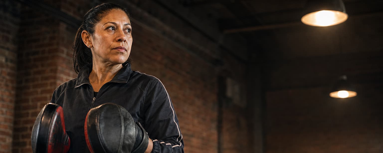A boxing coach in a brick-walled gym holding a pair of focus mitts, waiting on the next fighter, the ring ropes and a hanging lamp behind her
