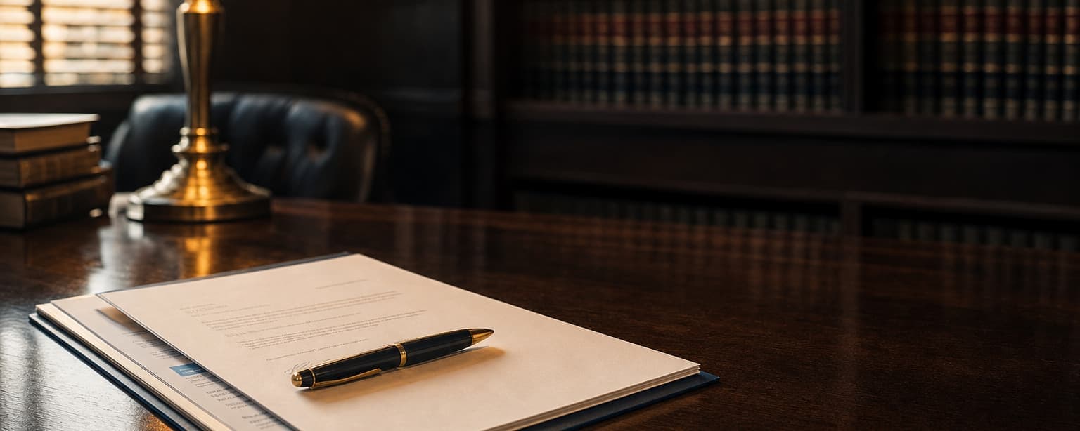 A brass desk lamp lighting a single signed letter and a pen on a dark wood desk, shelves of bound volumes in shadow behind