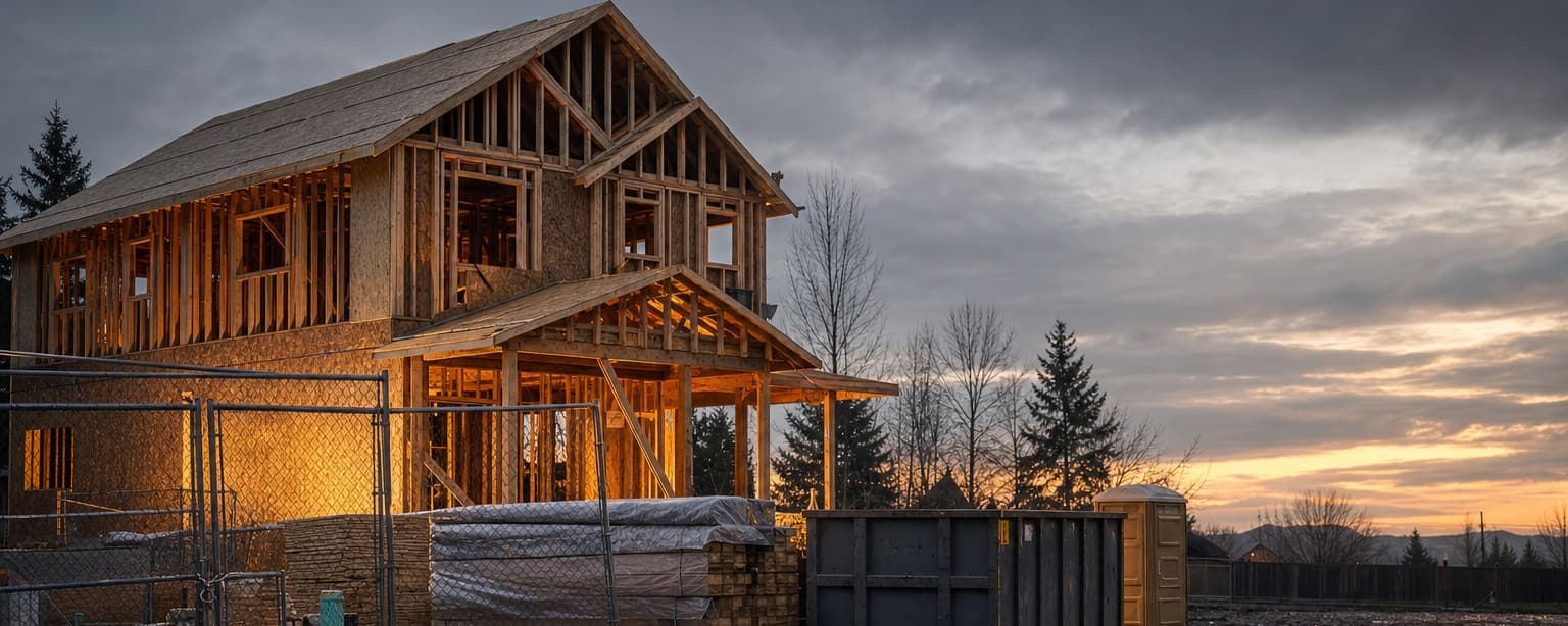 A two-story house under construction at sunset, its exposed framing lit from inside, with stacked lumber under a tarp, a roll-off dumpster, a portable toilet and a chain-link fence around the wet, muddy lot