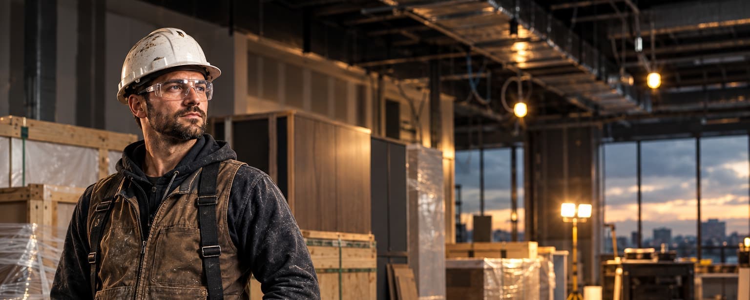 A millwork installer beside crated cabinets and materials delivered to an unfinished commercial interior at dusk, protective sheeting and work lights on the polished concrete floor