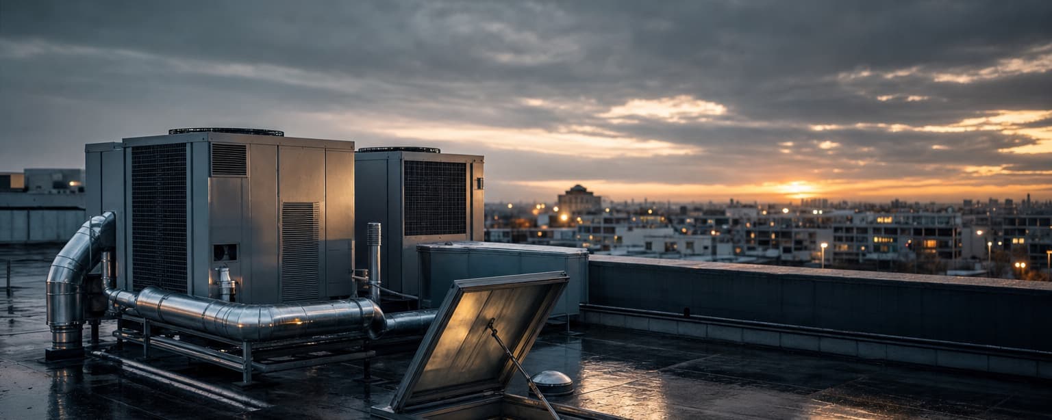 Rooftop air handling units and ductwork on a commercial building at sunset, the city spread out below the parapet