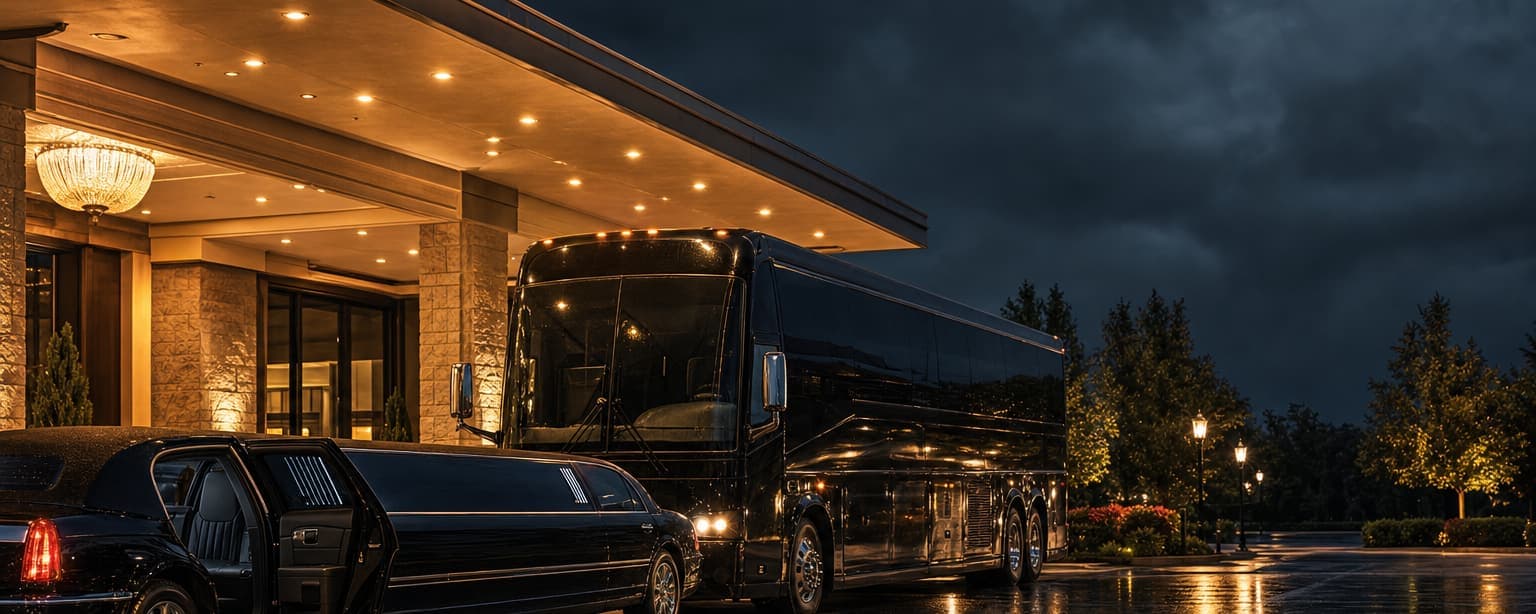 A black stretch limousine and a motorcoach parked nose to tail outside a lit venue at night, the limousine’s rear door standing open and wet asphalt under the marquee