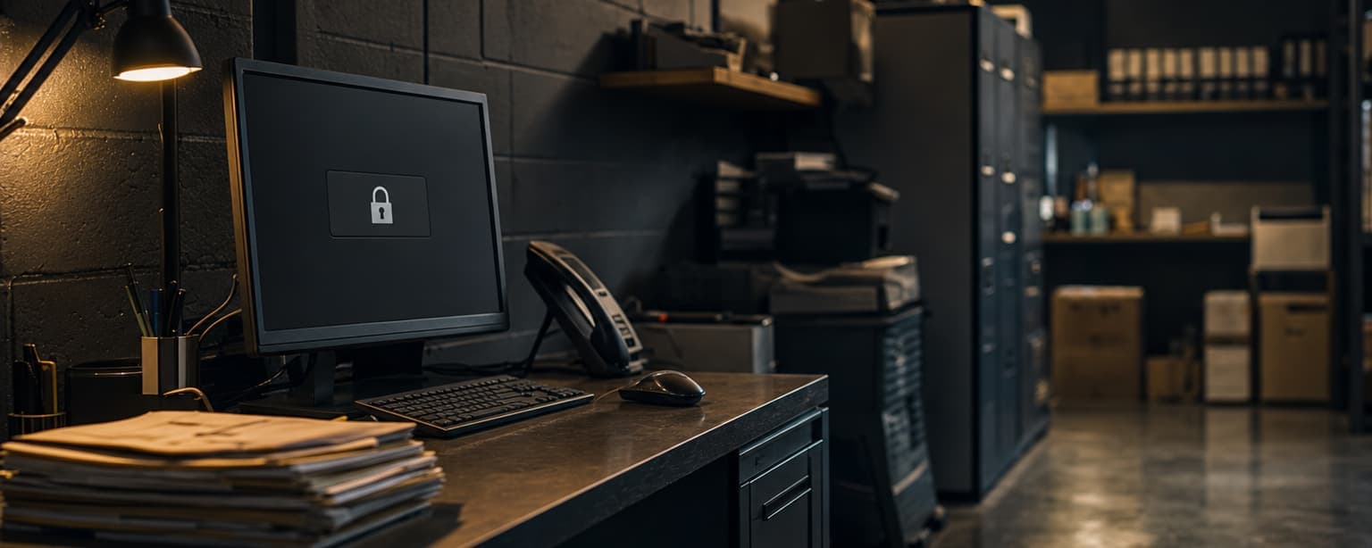 An office desk at night with a monitor showing a lock icon, a desk phone off to one side and a stack of files under a lamp