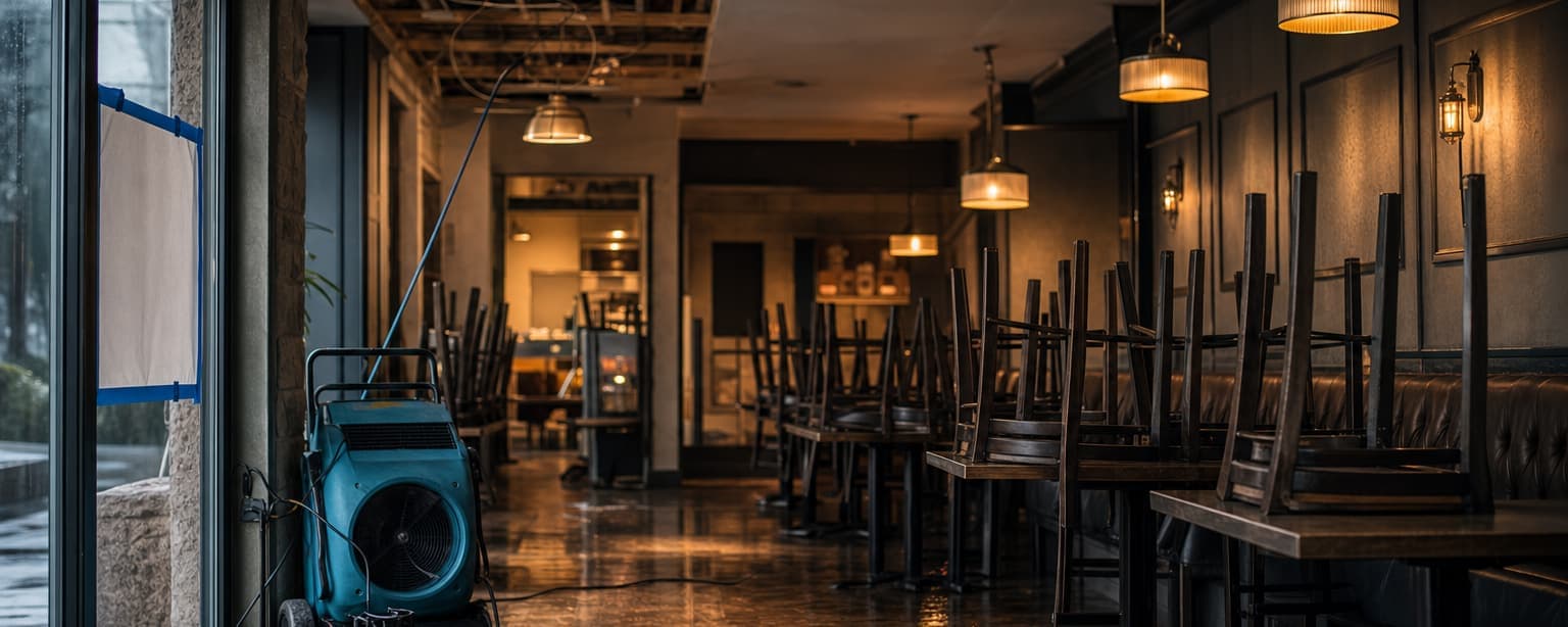 A closed restaurant with chairs stacked on the tables, an air mover running on the floor and a section of ceiling opened up, daylight through the front glass