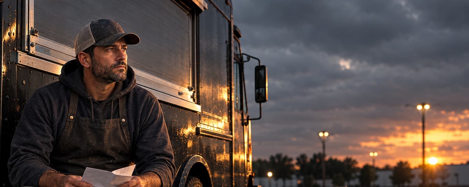 A food truck owner in a cap sitting on the step of his parked truck holding an opened letter, a wet lot and a low sunset behind him