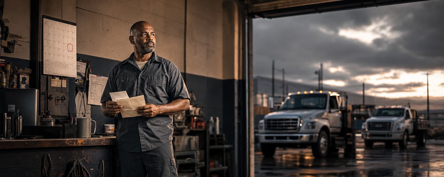 A shop owner in work clothes reading a letter at his counter, a wall calendar with a date circled behind him and two service trucks parked in the open bay door at dusk