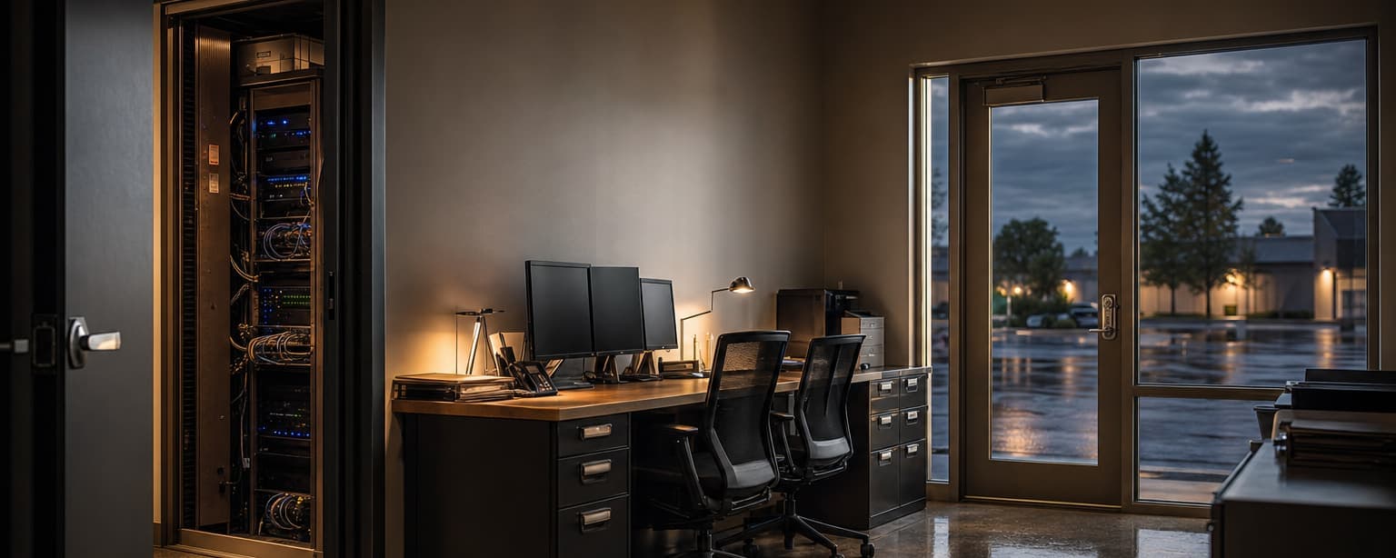 A small office at dusk with an open server cabinet, a row of desks and monitors, and glass doors onto a wet parking lot