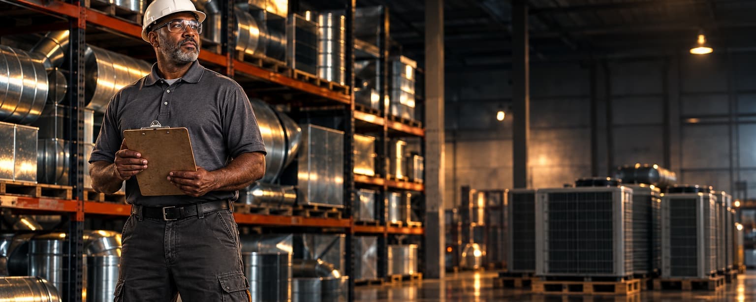 An HVAC company co-owner in his fifties in a hard hat standing in the company warehouse with a clipboard, ductwork and condenser units on the shelves behind him