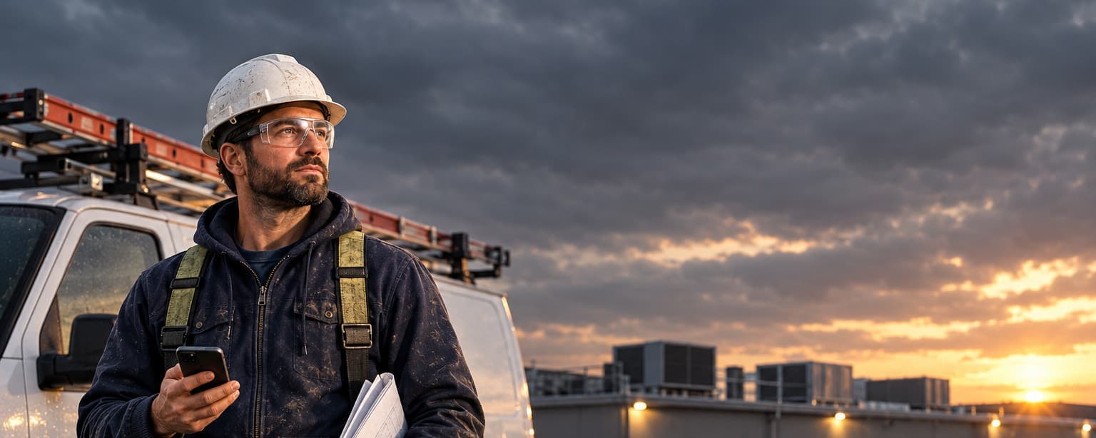 An HVAC contractor beside his white work van with ladders on the roof rack at a commercial job site at dusk, holding a phone and a folded document