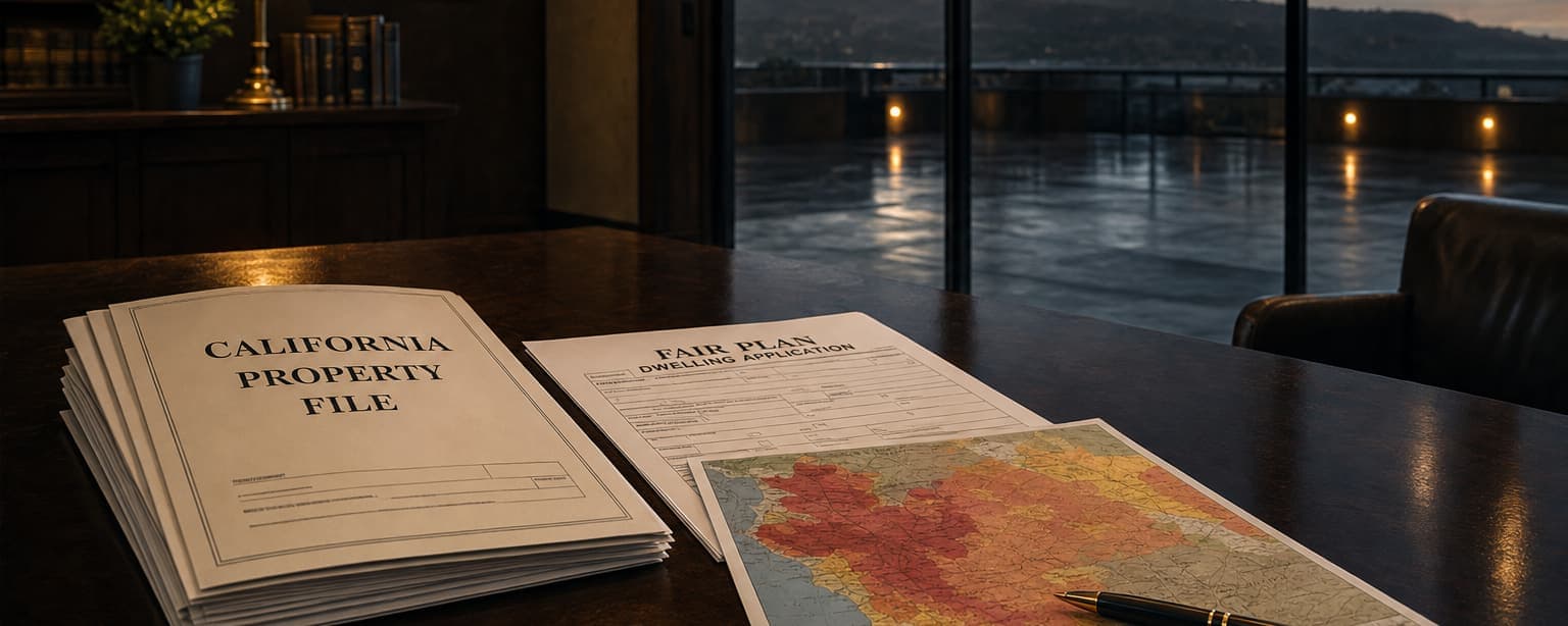 A thick California property file and a FAIR Plan document open on a desk beside a hazard map, water and hills visible through the window at dusk