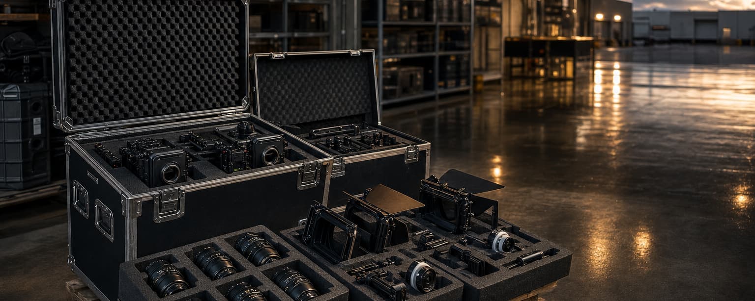 Open flight cases on a warehouse floor holding two camera bodies and a set of cine lenses cut into foam, more cased gear racked in the dark behind them
