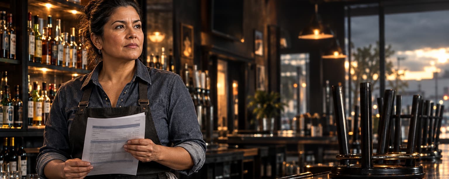A bar owner with her hair tied back reading a printed insurance quote behind her bar before opening, bottles lit on the back bar and stools upturned on the counter